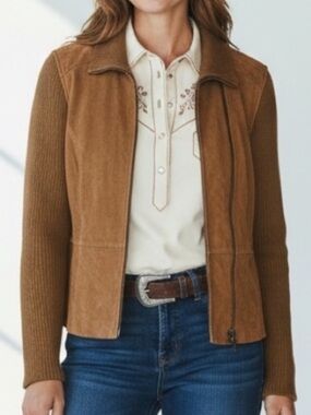 Vintage Covington Tan Suede Wool Sweater Jacket 70s Boho Western double zipper